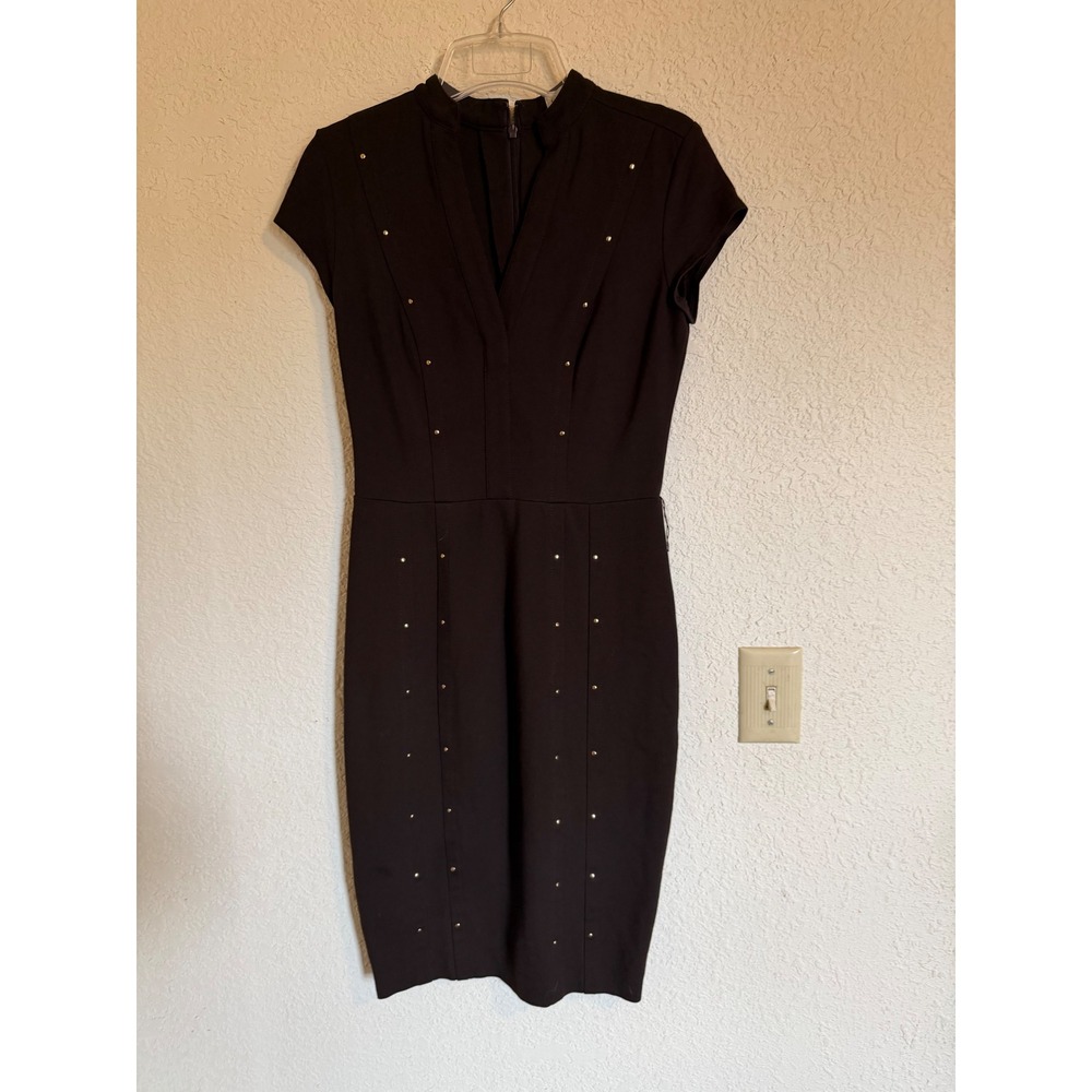 Cache Black Studded Mock Neck V-Neck‎ Sheath Dress Cap Sleeve Ponte Size 4